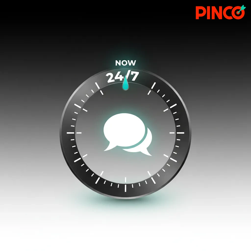 Interface de clavardage Pinco en direct sur web et appli, assistance 24/7 FR/EN pour questions urgentes.