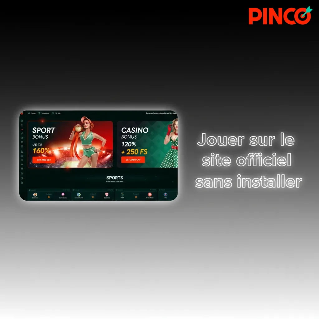 Capture du site Pinco sur ordinateur: jouer sans installer, paris et casino en direct, connexion et dépôt via navigateur.