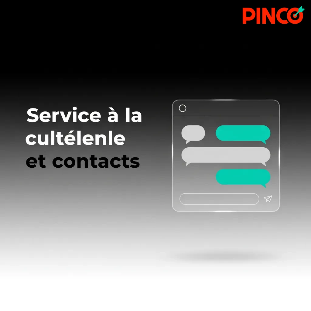 Icônes du service client Pinco 24/7: chat app/site, courriel, rappel, X et Facebook; aide FR/EN; suivi rapide.