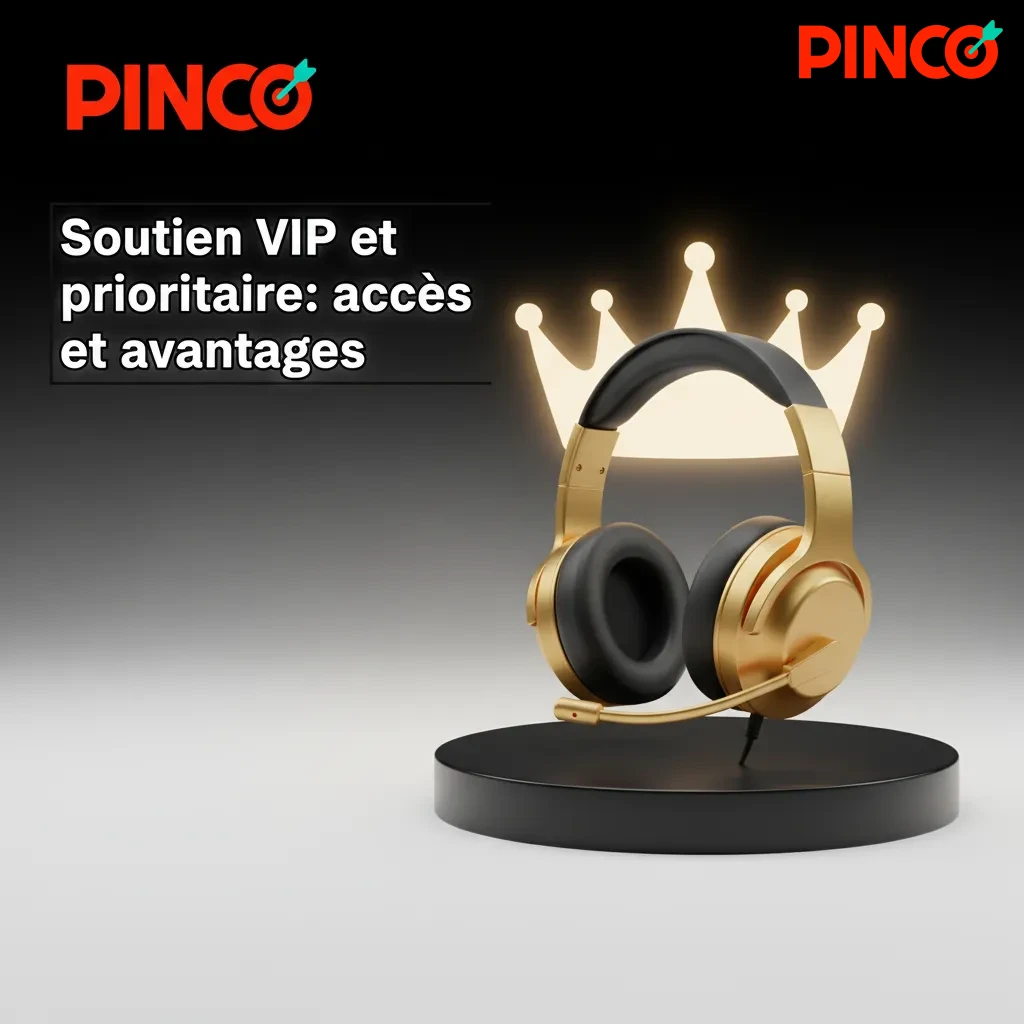 Écran Pinco Soutien VIP: chat prioritaire 24/7, ligne directe, courriel dédié et accès selon niveau de fidélité