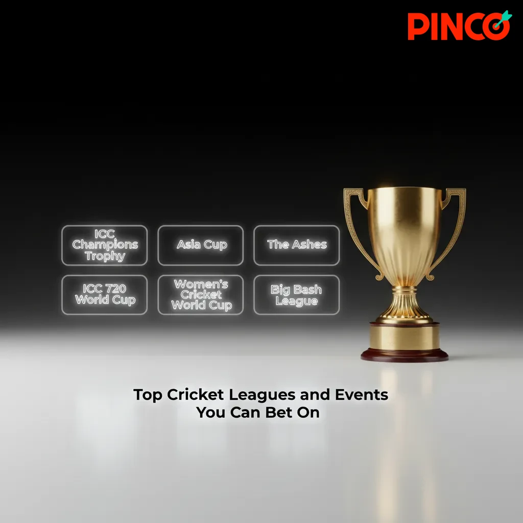 Graphic listing ICC Cricket World Cup, T20 World Cup, Ashes, WTC, IPL, PSL, CPL, GT20 with live betting markets.