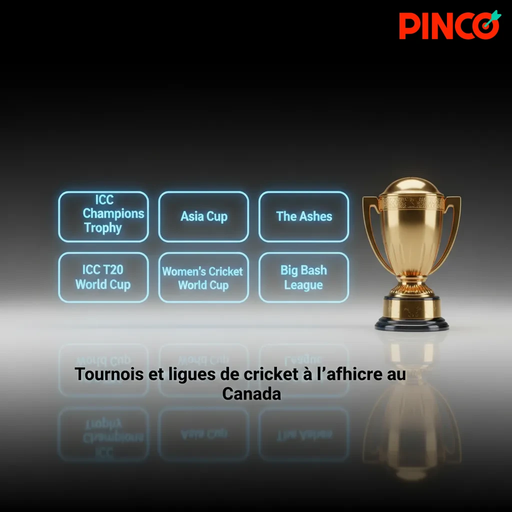 Affiche des tournois de cricket au Canada: ICC WC, T20 WC, The Ashes, IPL, BBL, PSL, CPL, The Hundred, GT20 Canada.