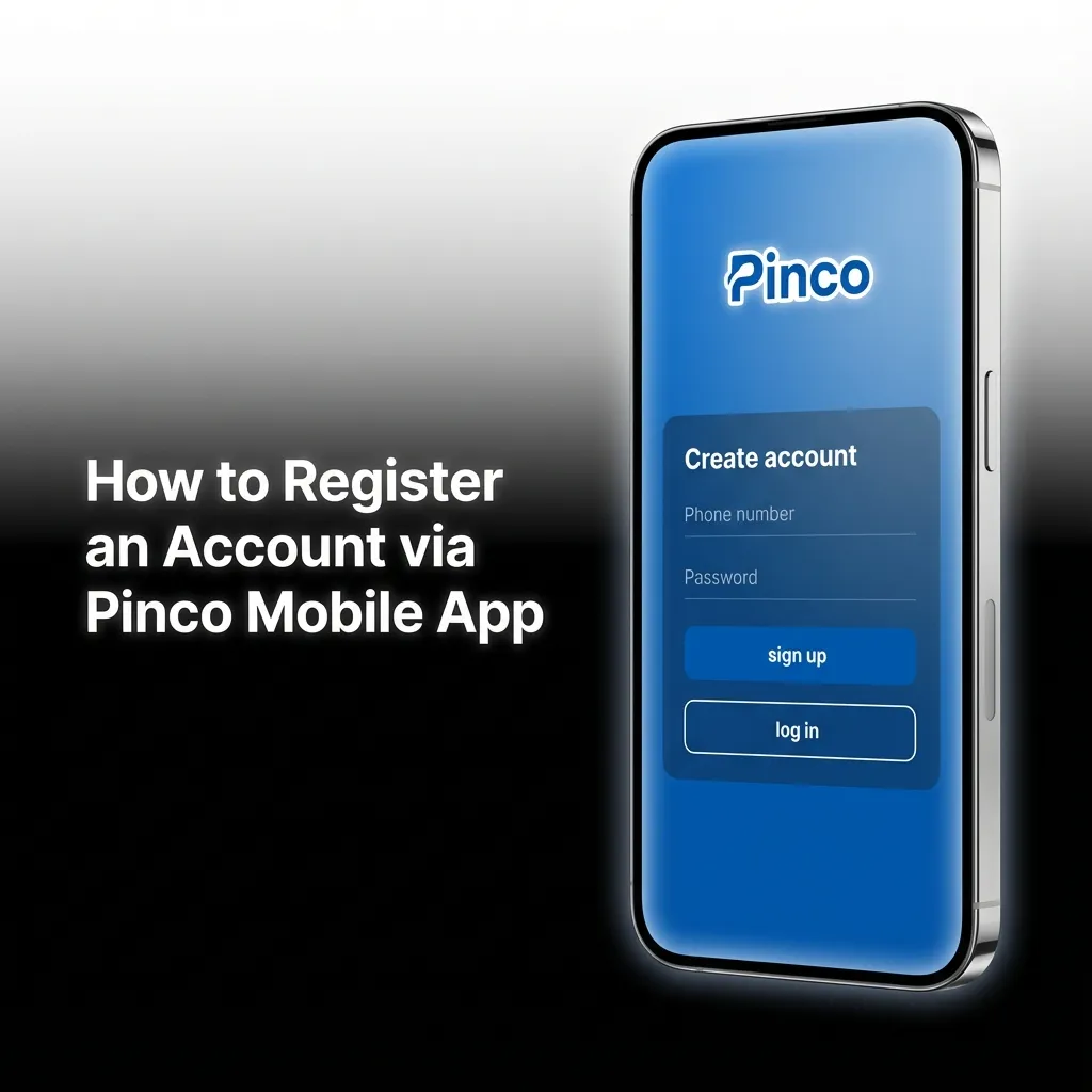 Step-by-step mobile registration process for Pinco app showing sign-up form with email, password, and personal details fields