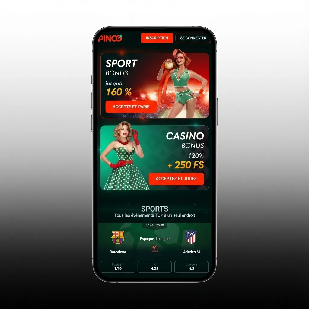 Interface mobile Pinco avec navigation par onglets : sports, casino, machines à sous, promotions et compte utilisateur