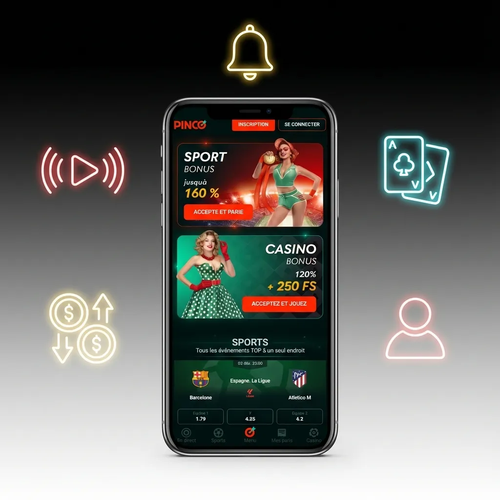 Pinco mobile app interface showing casino games, sports betting options, and Canadian dollar payment features
