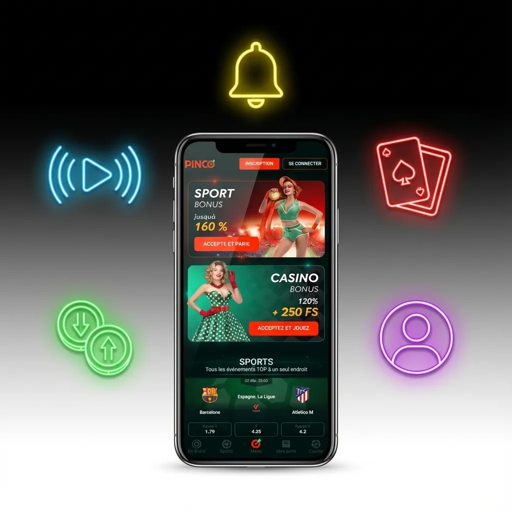 Pinco mobile app interface showing casino games, live betting, and account features on smartphone screen