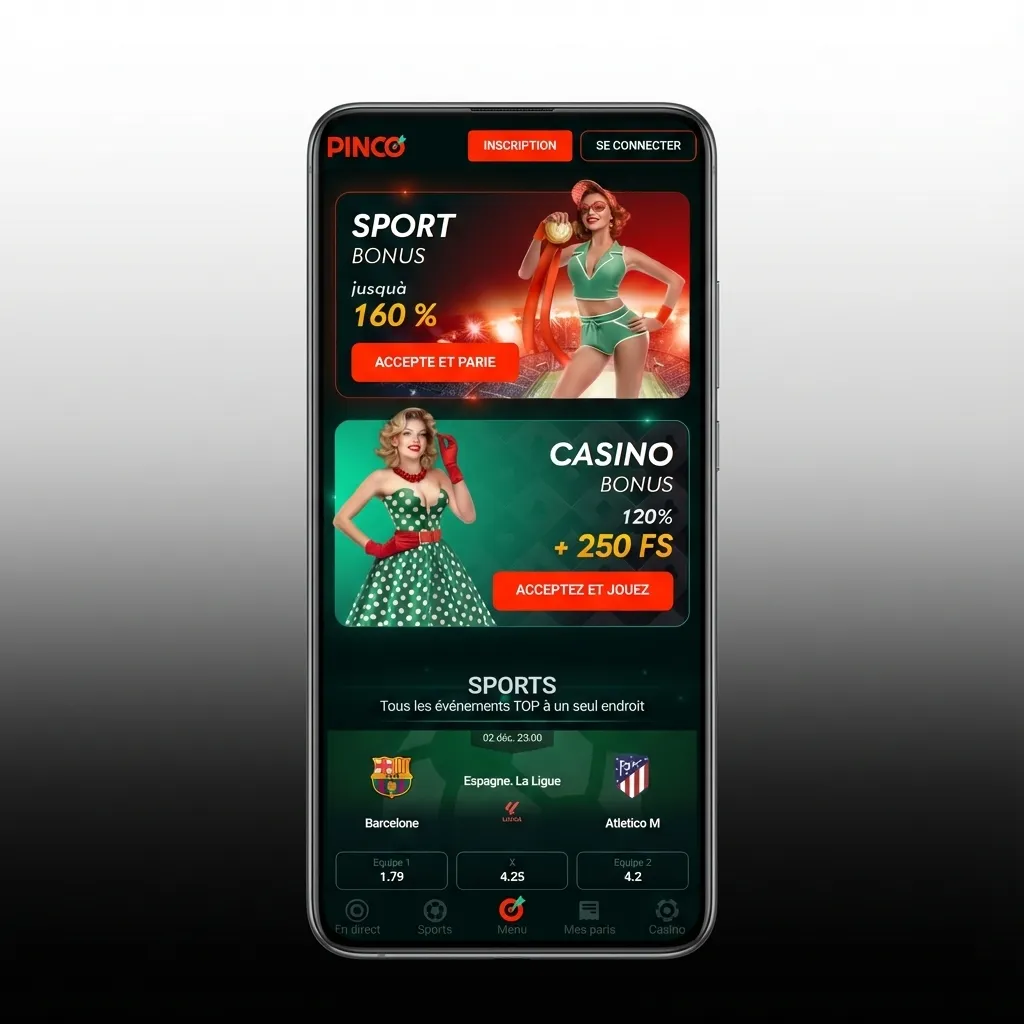 Pinco app showing tab-based interface with quick access to casino games, live betting, and account settings on mobile