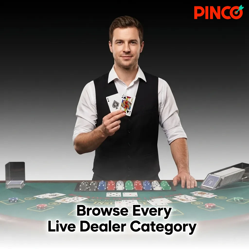 Live dealer casino tables showing roulette, blackjack, baccarat, poker, and game show options at Pinco online casino