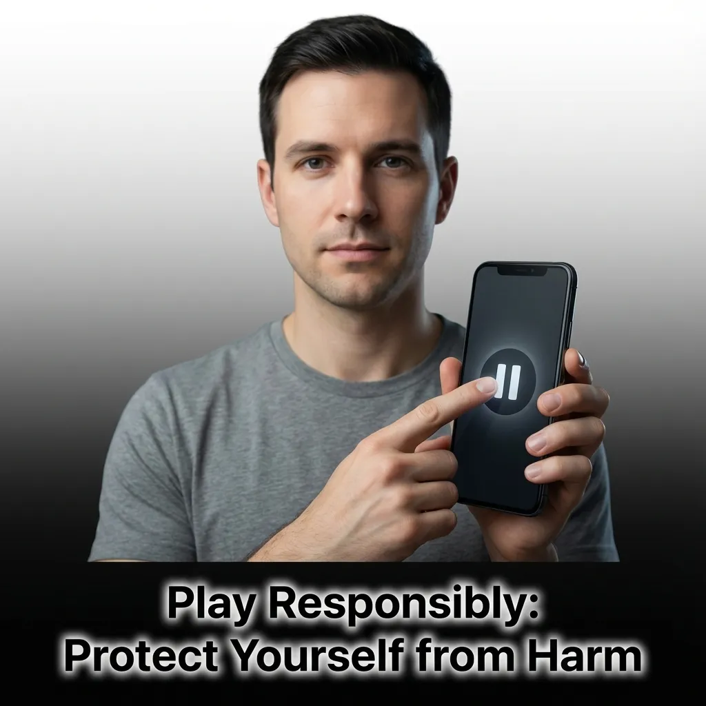 Person setting financial limits on smartphone with casino chips and warning symbols about responsible gambling