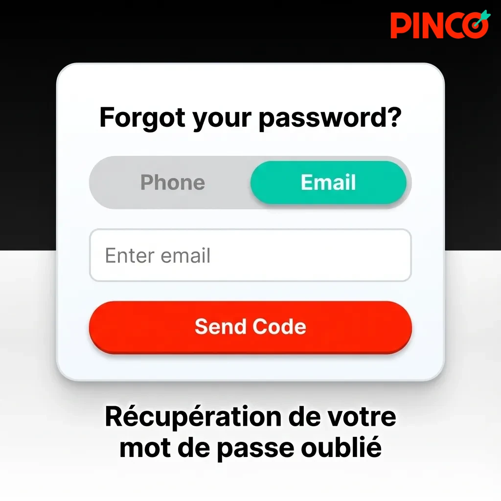 Interface de réinitialisation de mot de passe avec champs pour courriel ou téléphone et lien de récupération