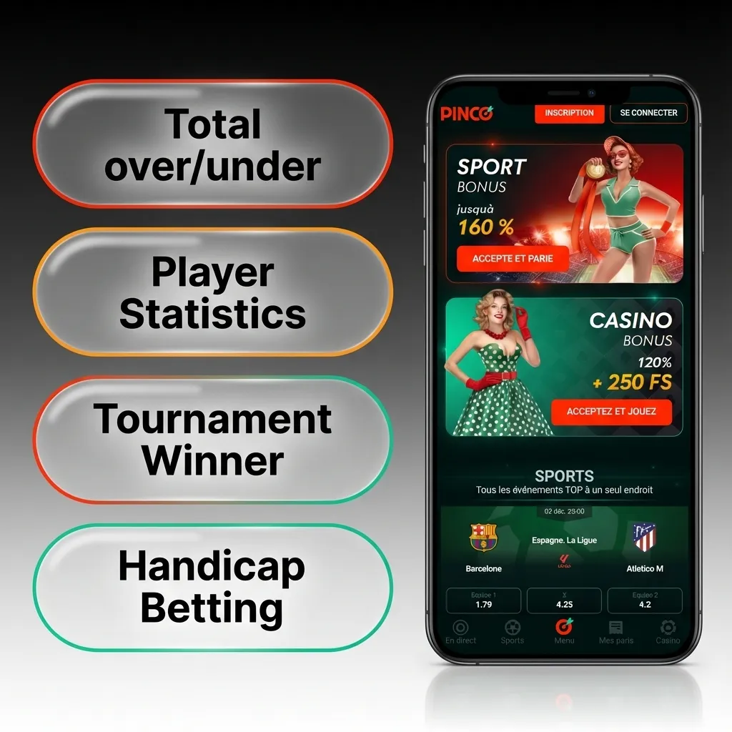 Illustration showing various betting options on Pinco app including single, accumulator, system, live, handicap, and over/under bets