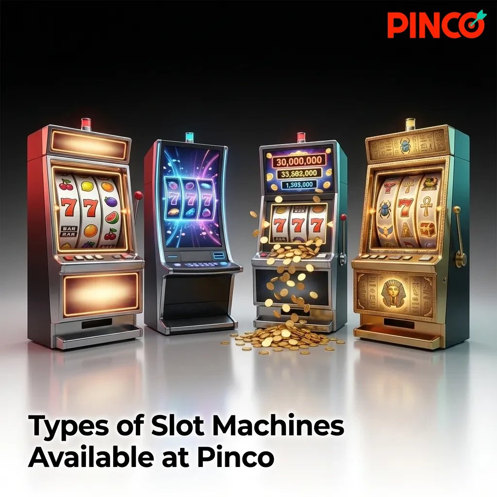 Colorful display of various slot machine types including classic, video, progressive jackpot, Megaways, and cluster pay games